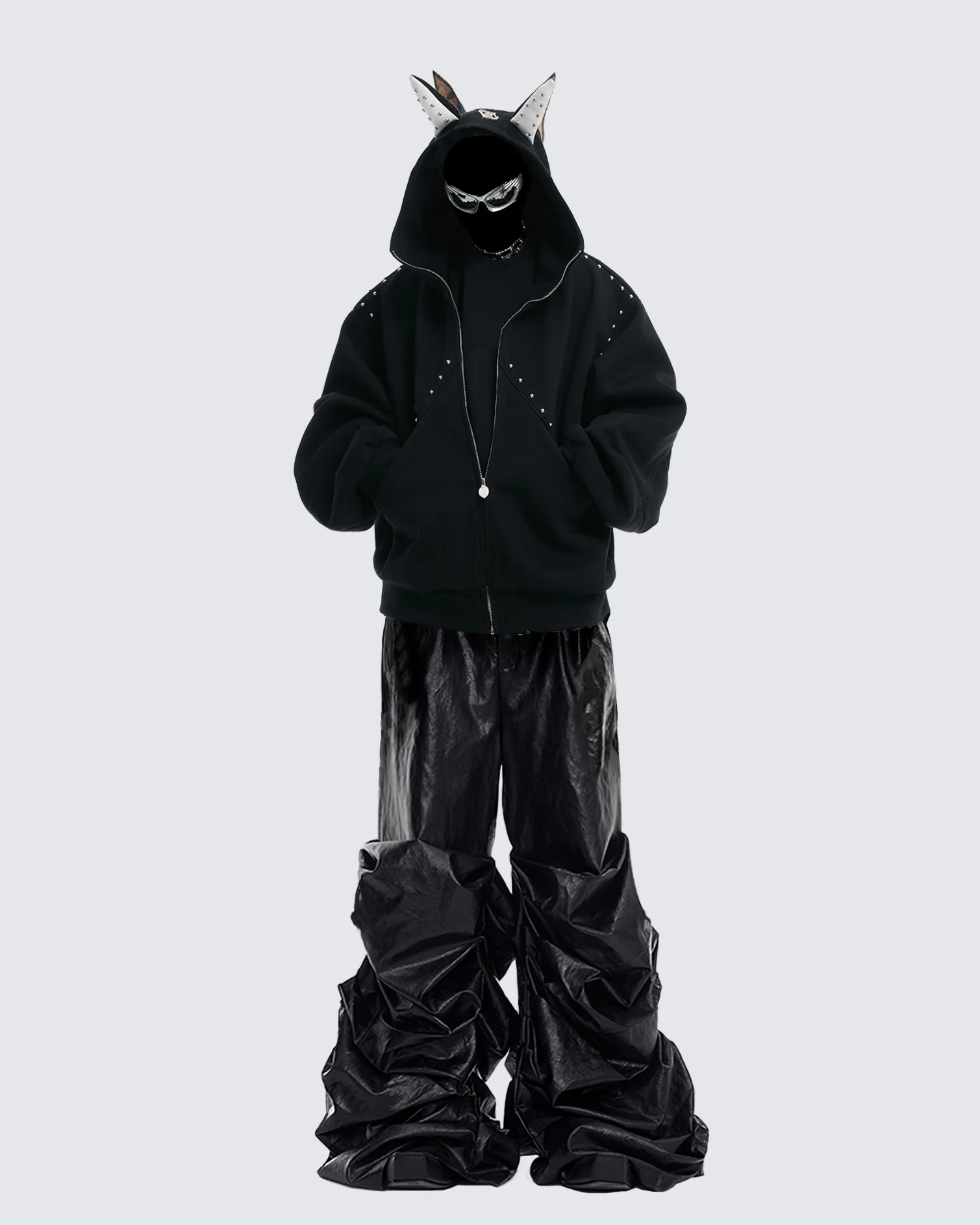 Horned Studded Zip-Up Hoodie with Ear Detail - Image 4