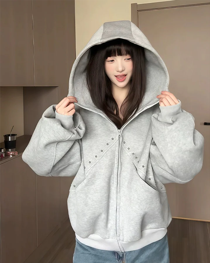 Horned Studded Zip-Up Hoodie with Ear Detail - Image 7