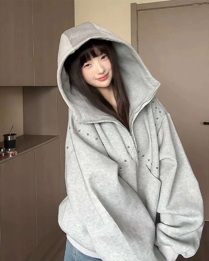 Horned Studded Zip-Up Hoodie with Ear Detail - Image 8