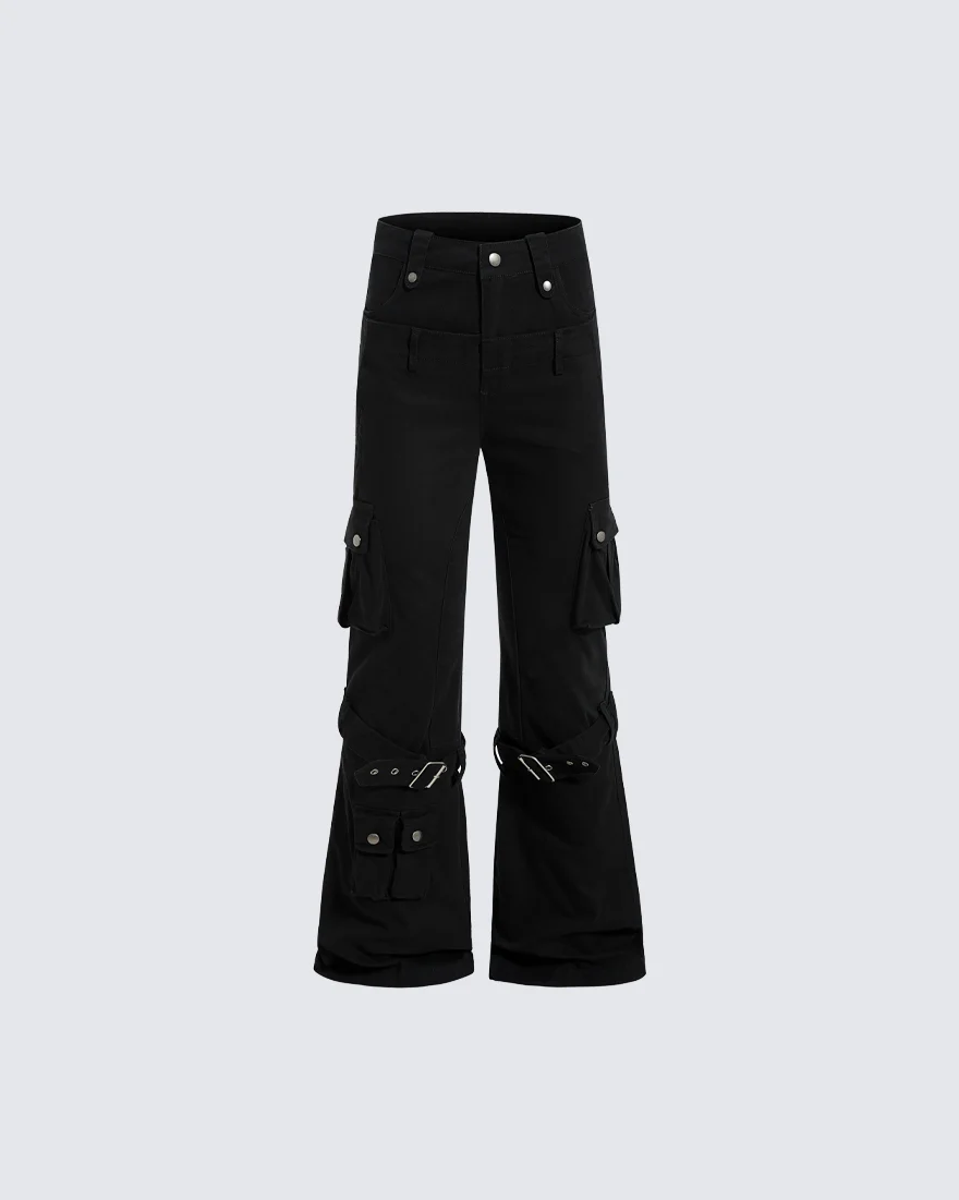 Multi-Pocket Buckle Cargo Flare Pants
