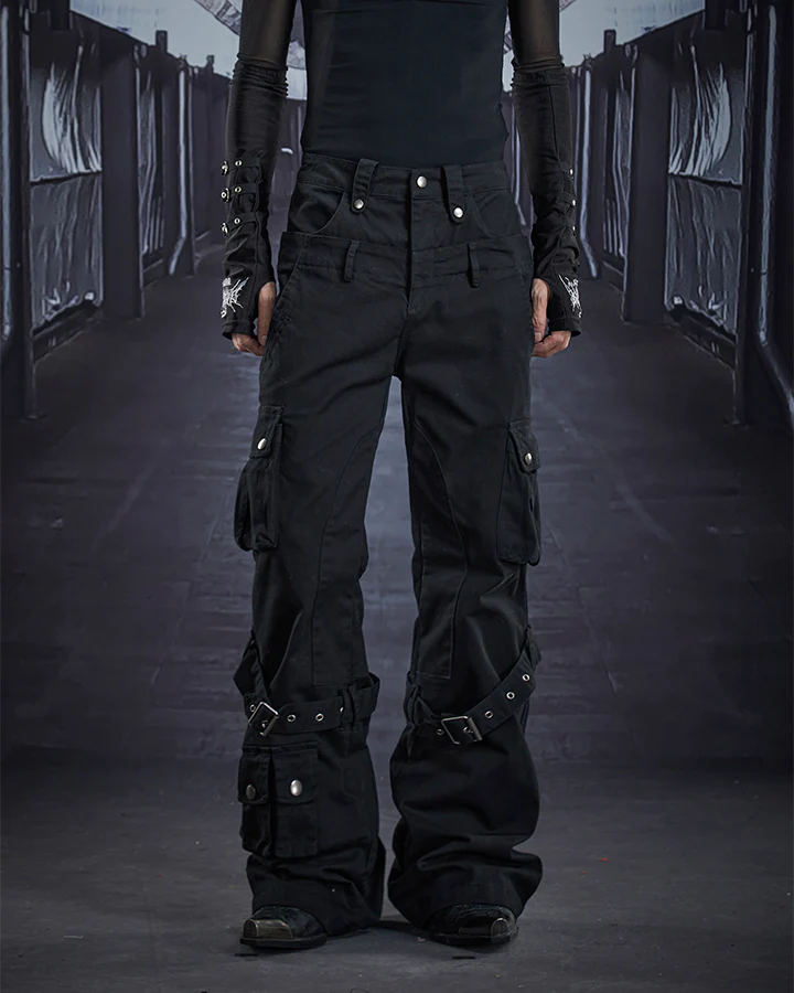 Multi-Pocket Buckle Cargo Flare Pants - Image 3