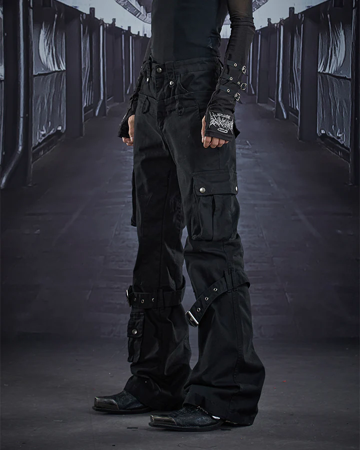 Multi-Pocket Buckle Cargo Flare Pants - Image 4