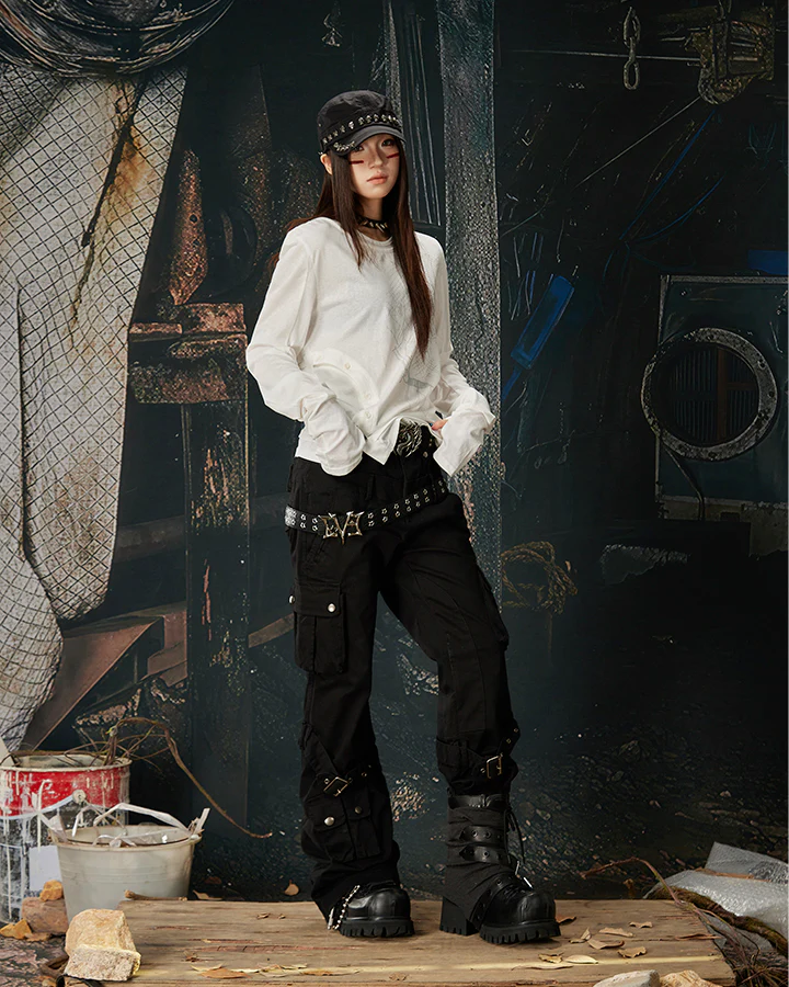 Multi-Pocket Buckle Cargo Flare Pants - Image 7