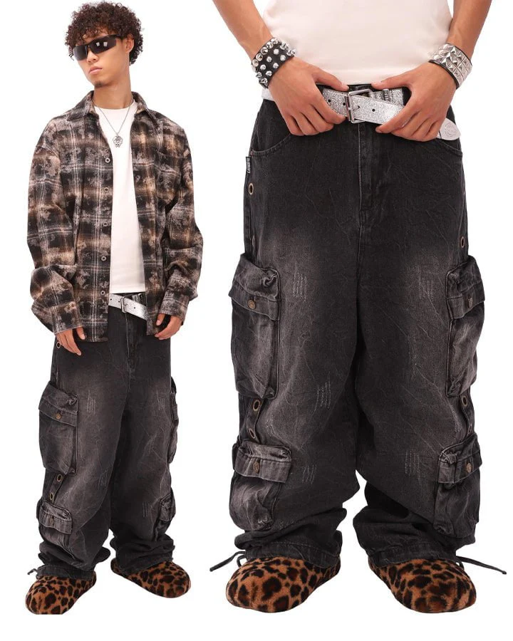 Multi-Pocket Washed Denim Pants - Image 5