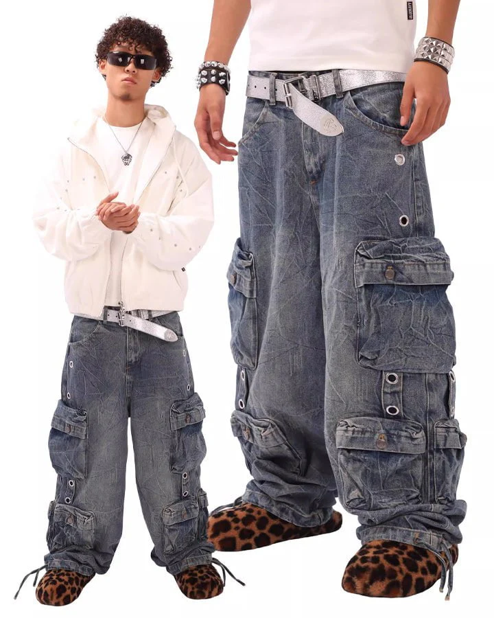 Multi-Pocket Washed Denim Pants - Image 6