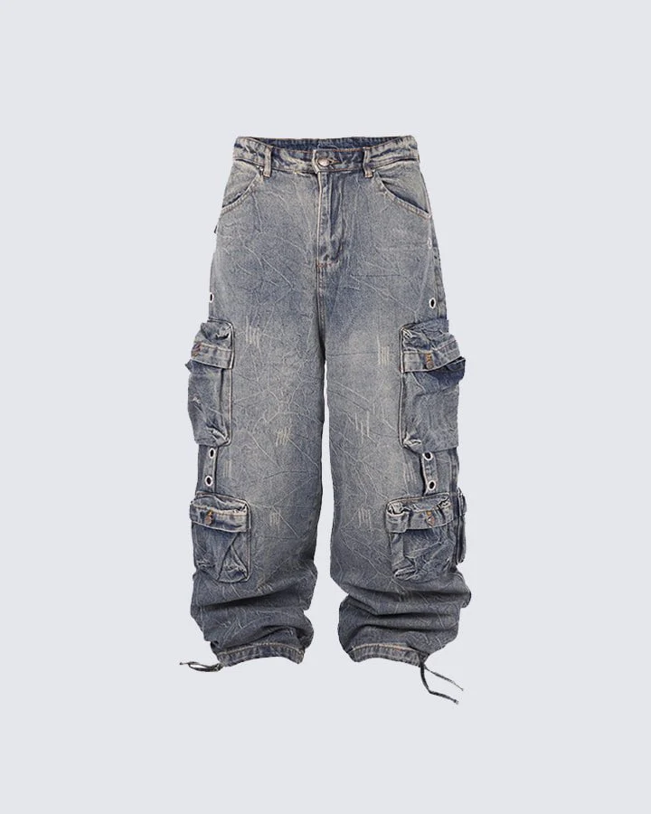 Multi-Pocket Washed Denim Pants - Image 7