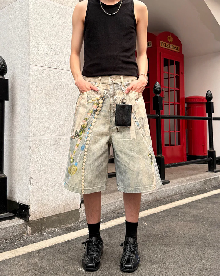 New 3D Chain Print Five-Length Denim Shorts - Image 2