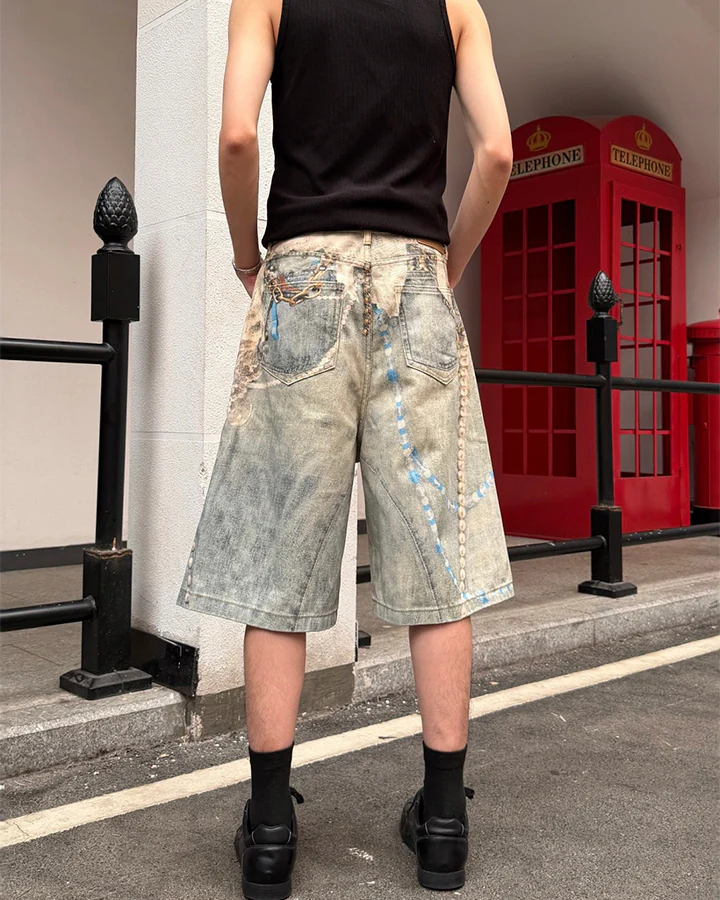 New 3D Chain Print Five-Length Denim Shorts - Image 4