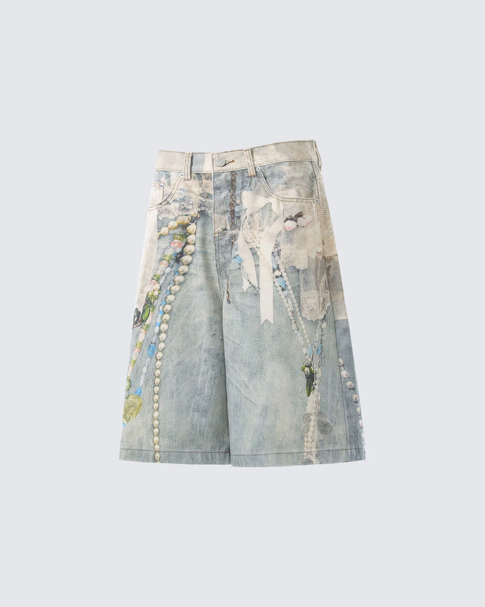 New 3D Chain Print Five-Length Denim Shorts - Image 5