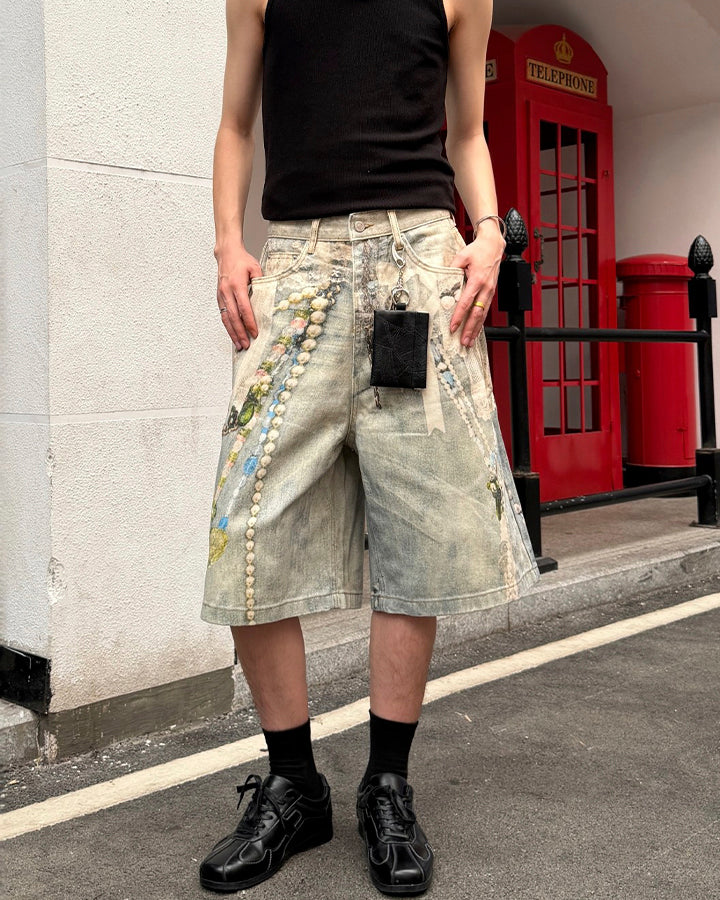 New 3D Chain Print Five-Length Denim Shorts - Image 6