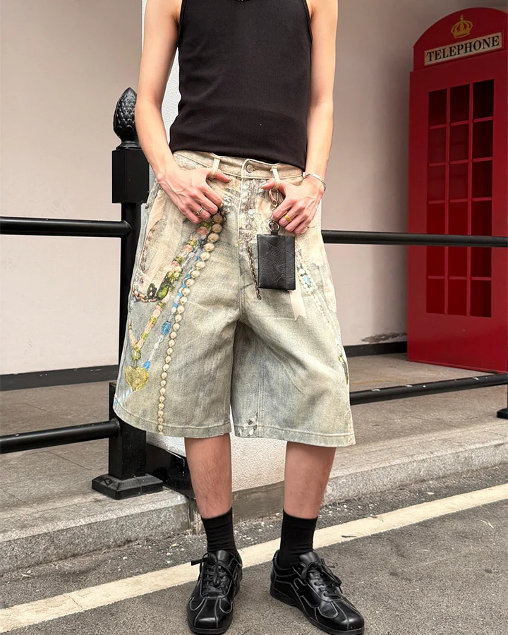 New 3D Chain Print Five-Length Denim Shorts - Image 7