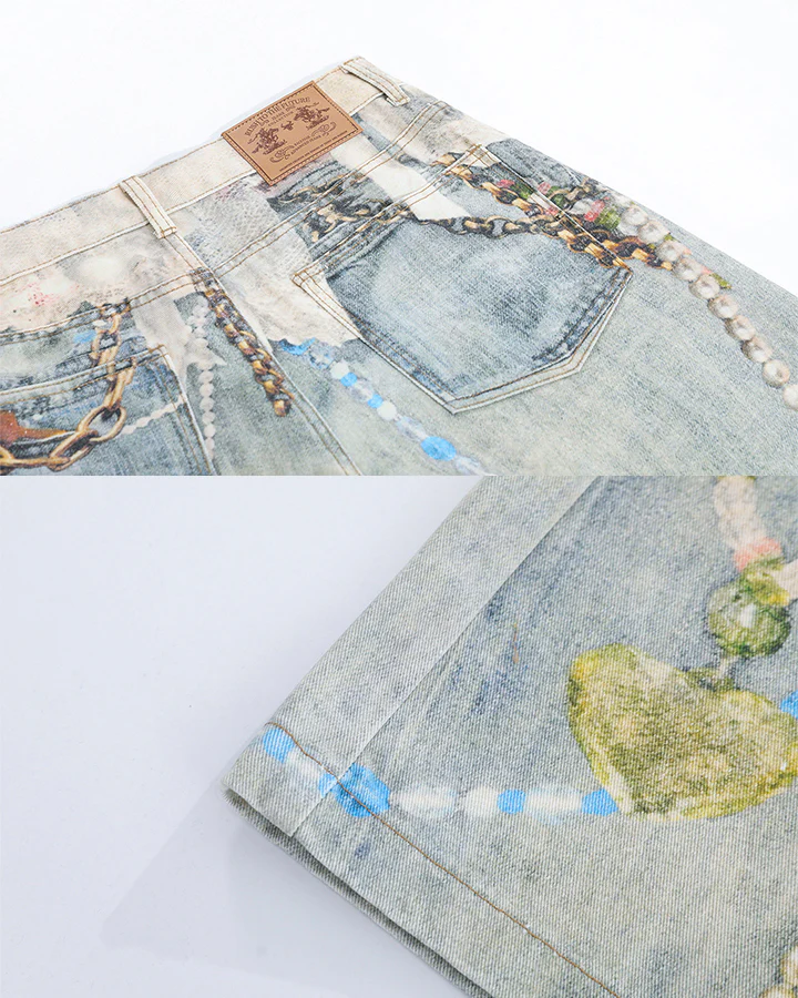 New 3D Chain Print Five-Length Denim Shorts - Image 9