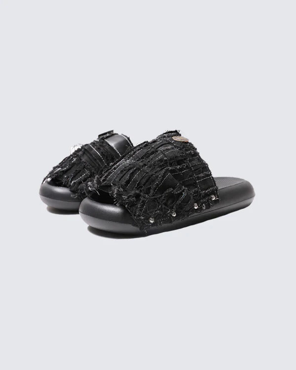 New Black Frayed Denim Platform Slides