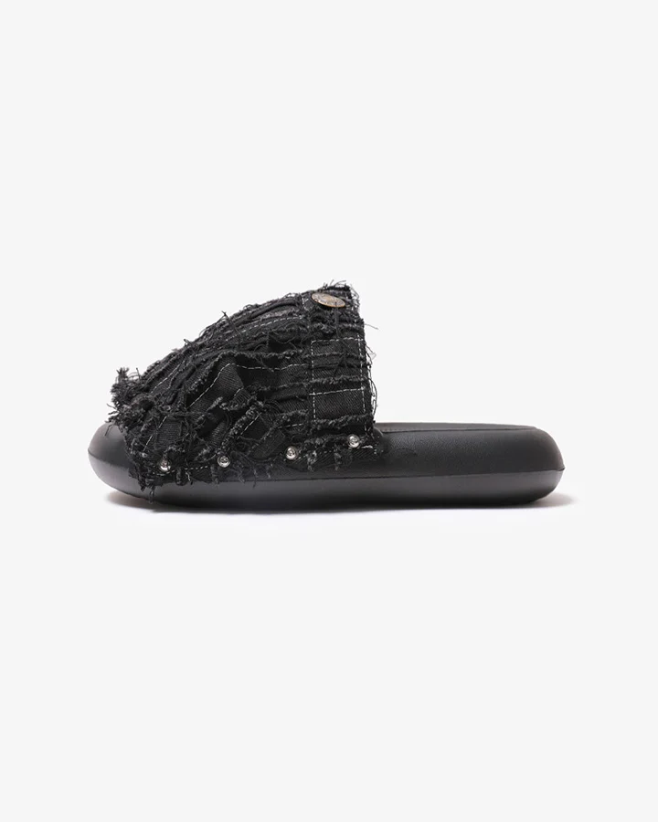 New Black Frayed Denim Platform Slides - Image 2