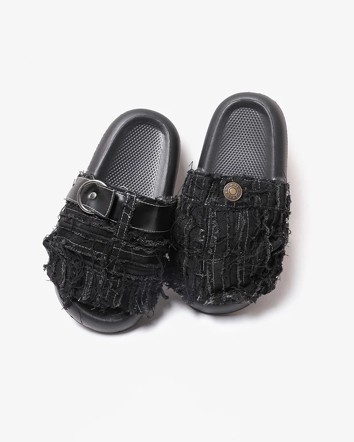 New Black Frayed Denim Platform Slides - Image 3