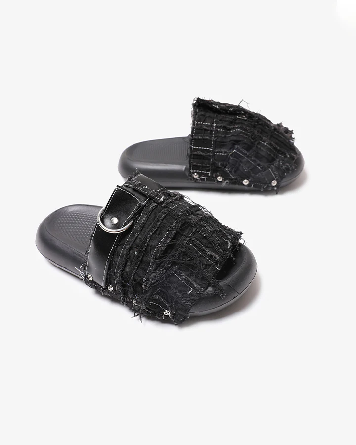 New Black Frayed Denim Platform Slides - Image 4