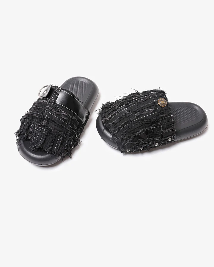 New Black Frayed Denim Platform Slides - Image 5