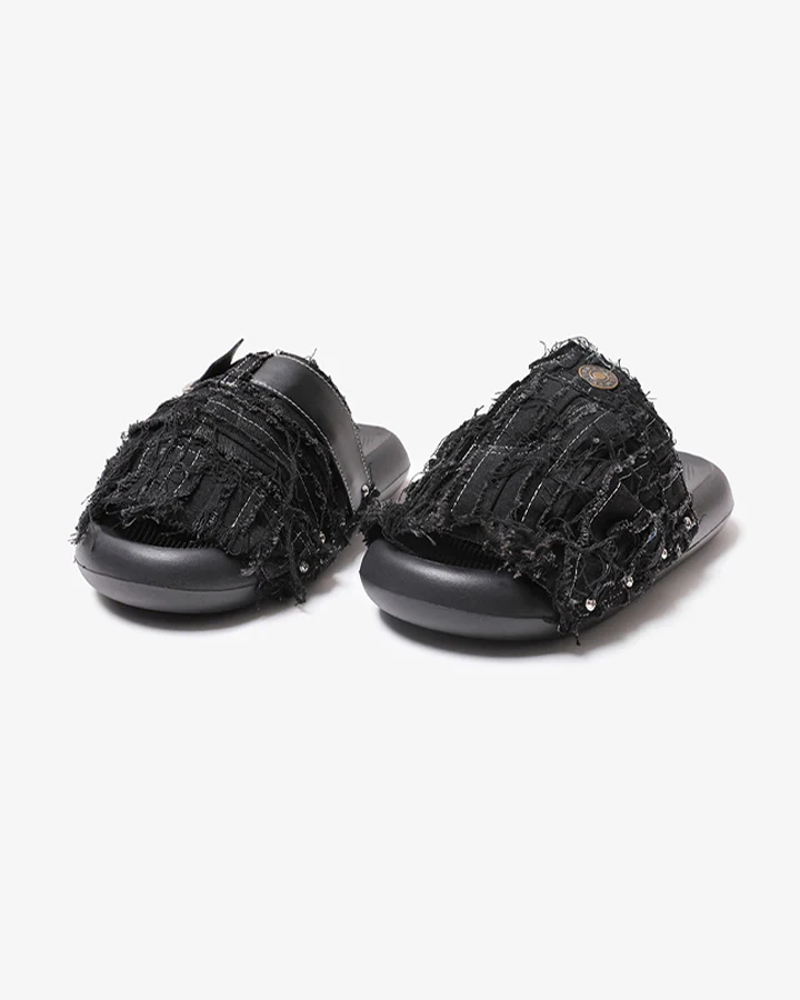 New Black Frayed Denim Platform Slides - Image 6