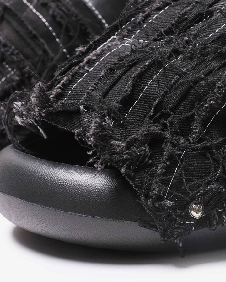 New Black Frayed Denim Platform Slides - Image 7