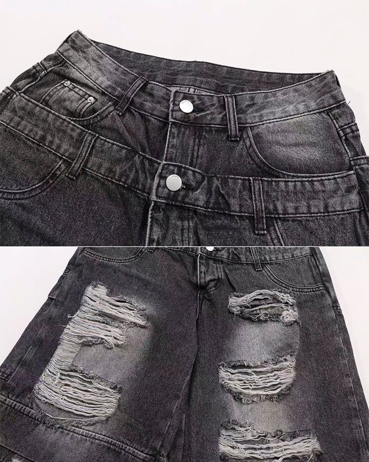 New Double Waist Distressed Denim Pants - Image 5