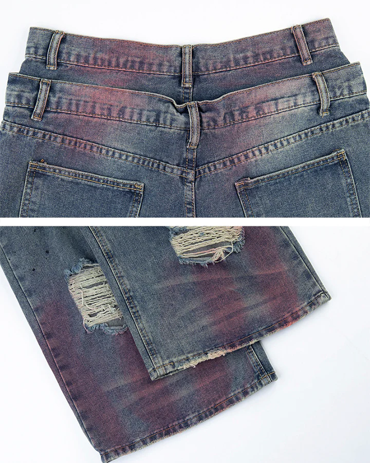 New Double Waist Spray Distressed Jeans - Image 10