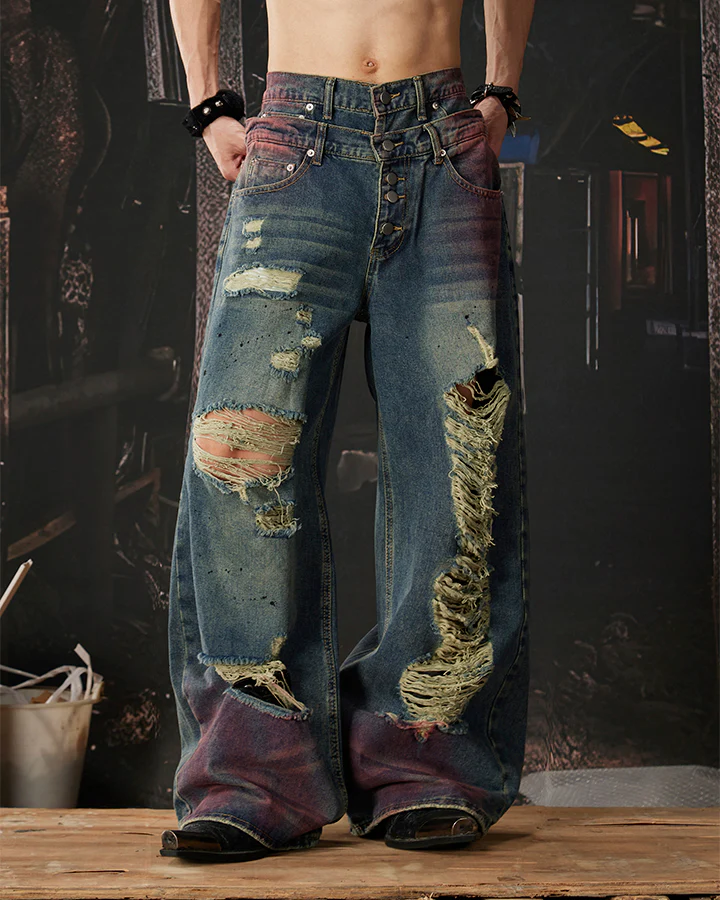 New Double Waist Spray Distressed Jeans - Image 2