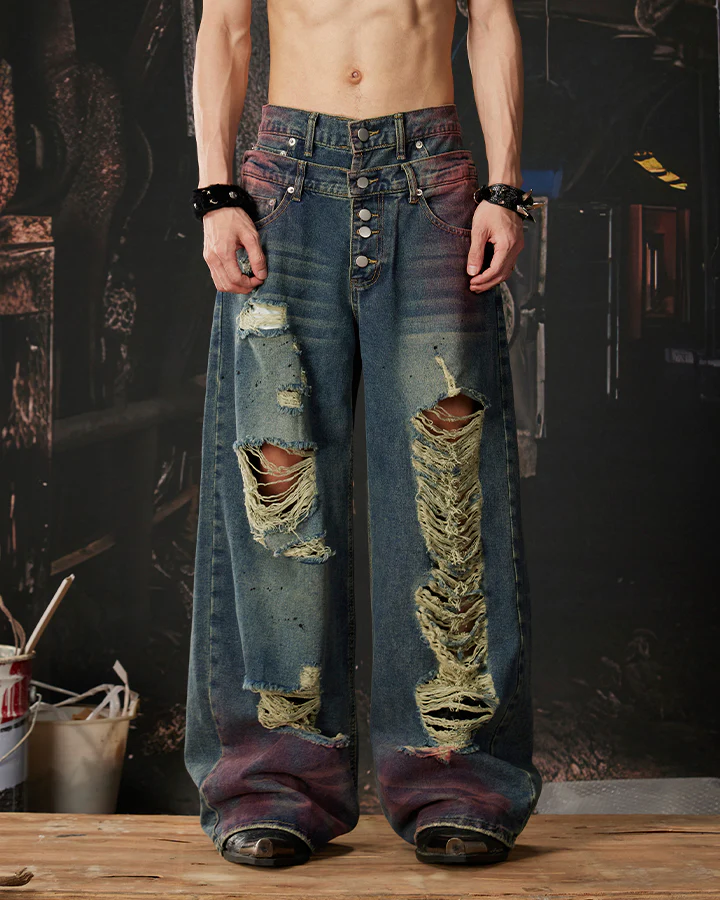 New Double Waist Spray Distressed Jeans - Image 3