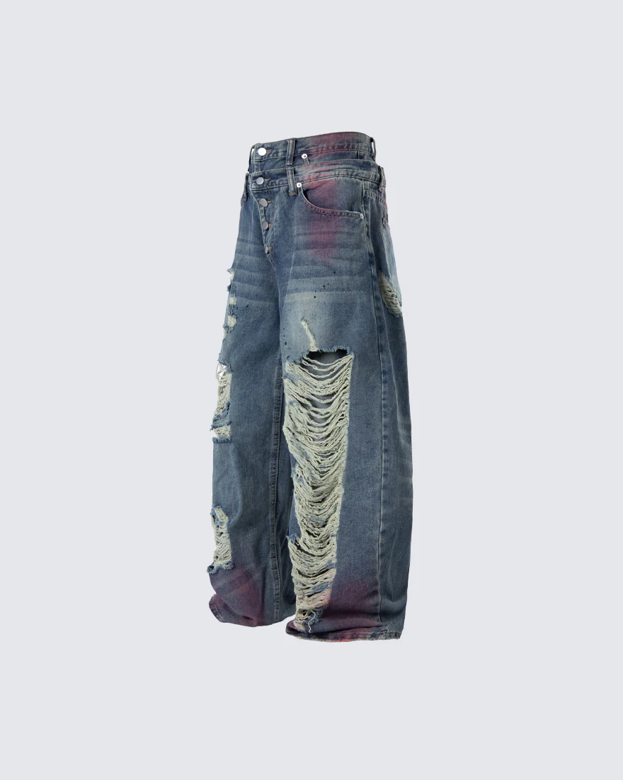 New Double Waist Spray Distressed Jeans - Image 4