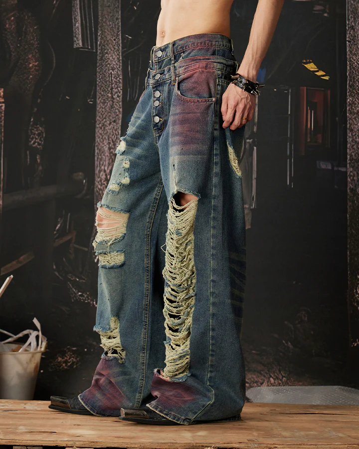 New Double Waist Spray Distressed Jeans - Image 5