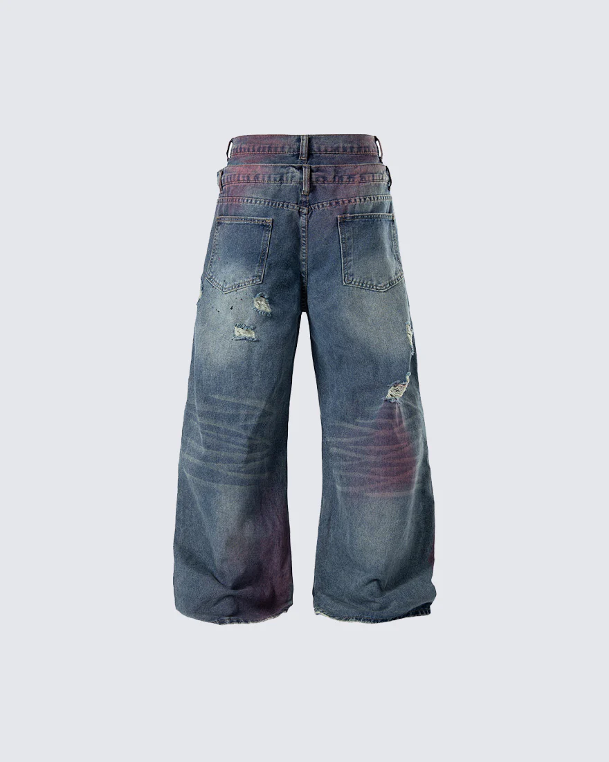 New Double Waist Spray Distressed Jeans - Image 6