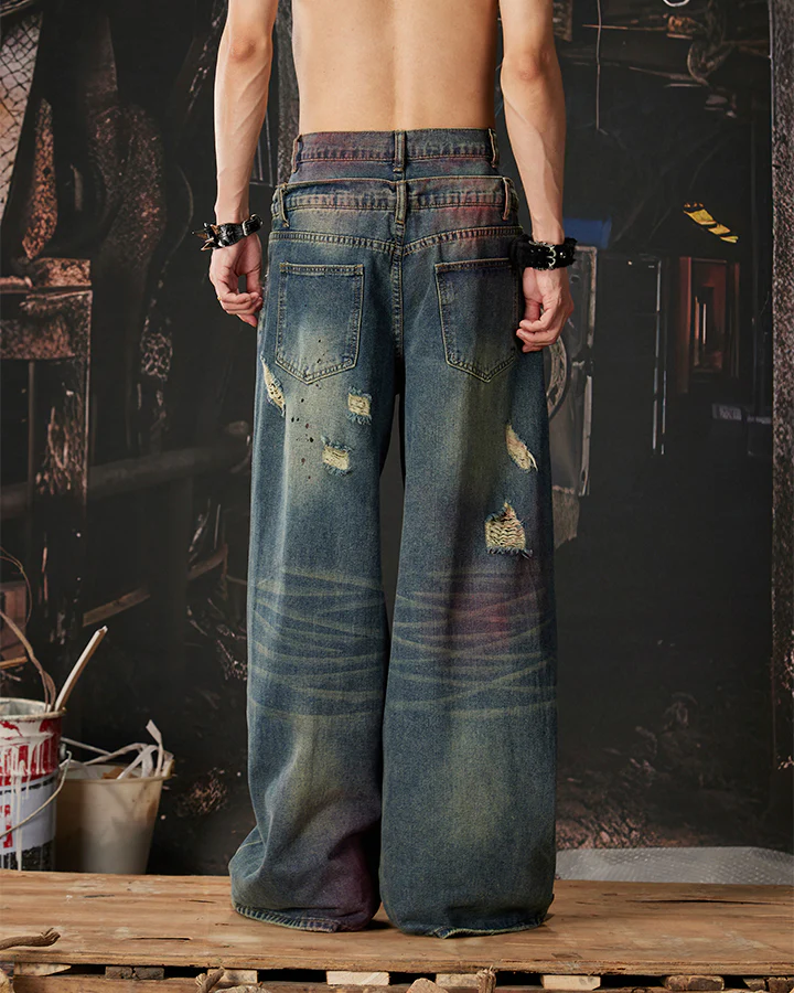 New Double Waist Spray Distressed Jeans - Image 7