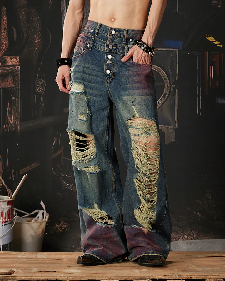 New Double Waist Spray Distressed Jeans - Image 8