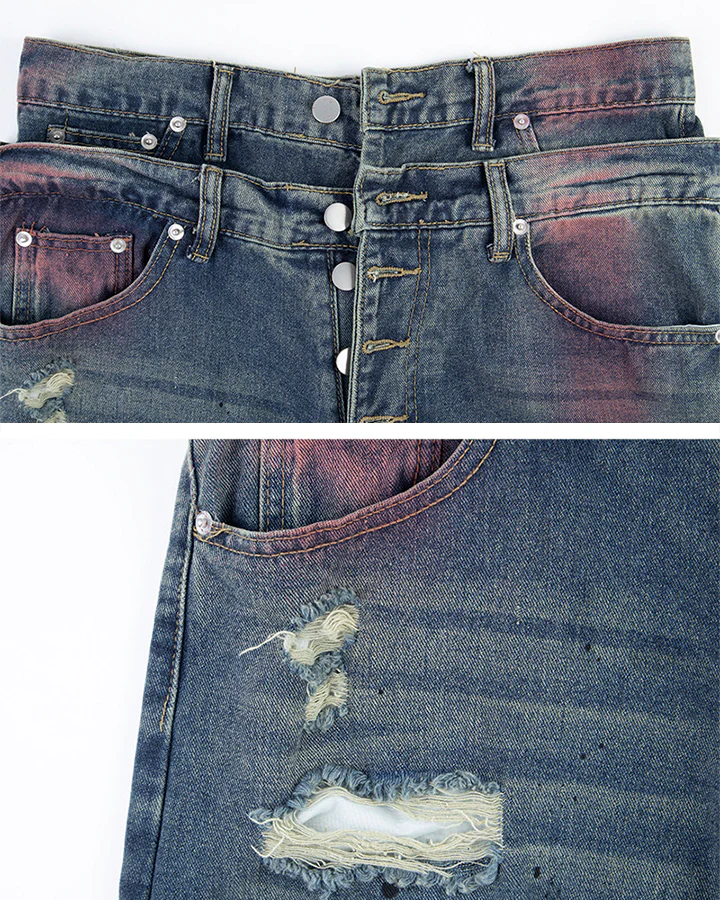 New Double Waist Spray Distressed Jeans - Image 9