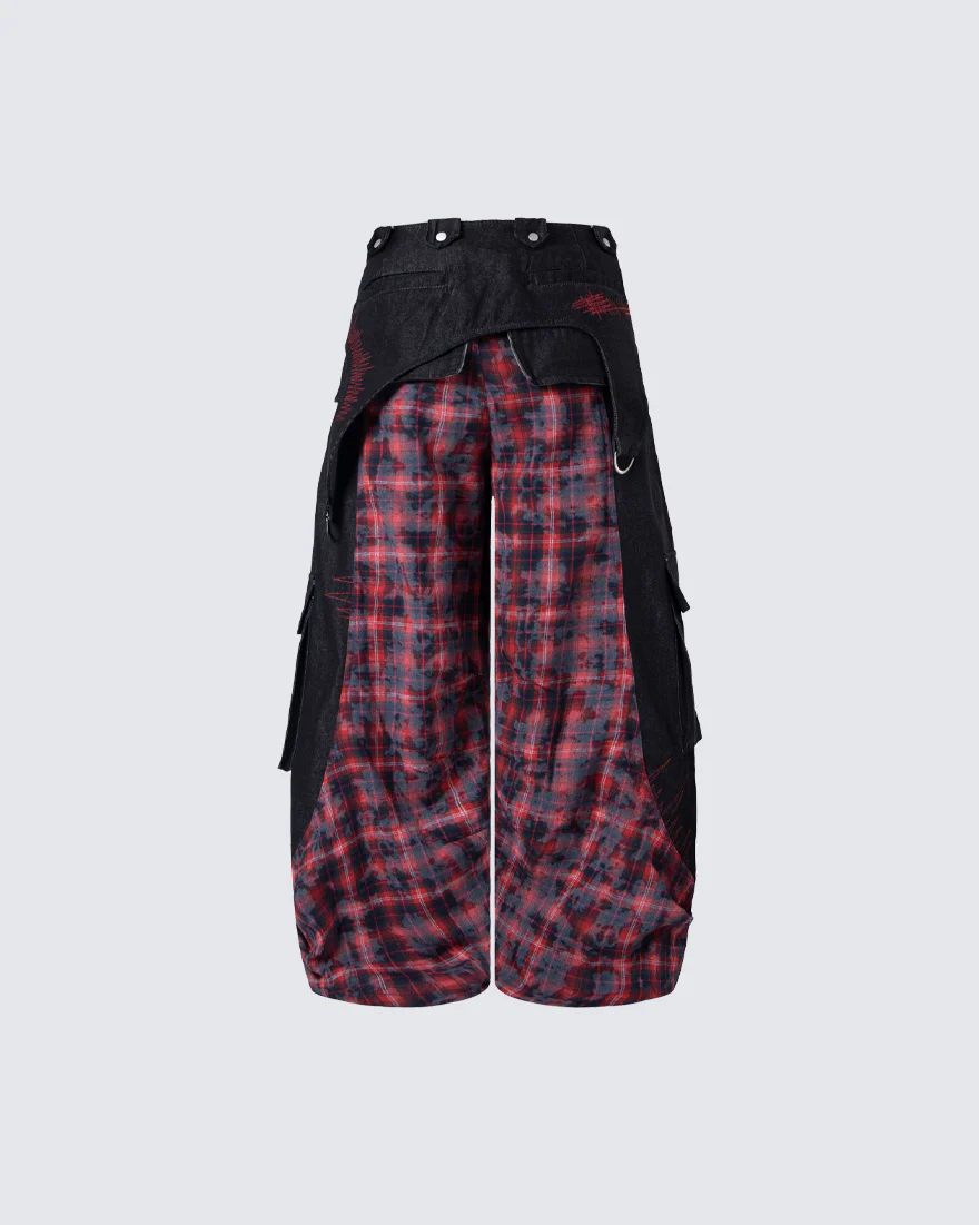 New Layered Plaid Cargo Wide-Leg Pants - Image 12