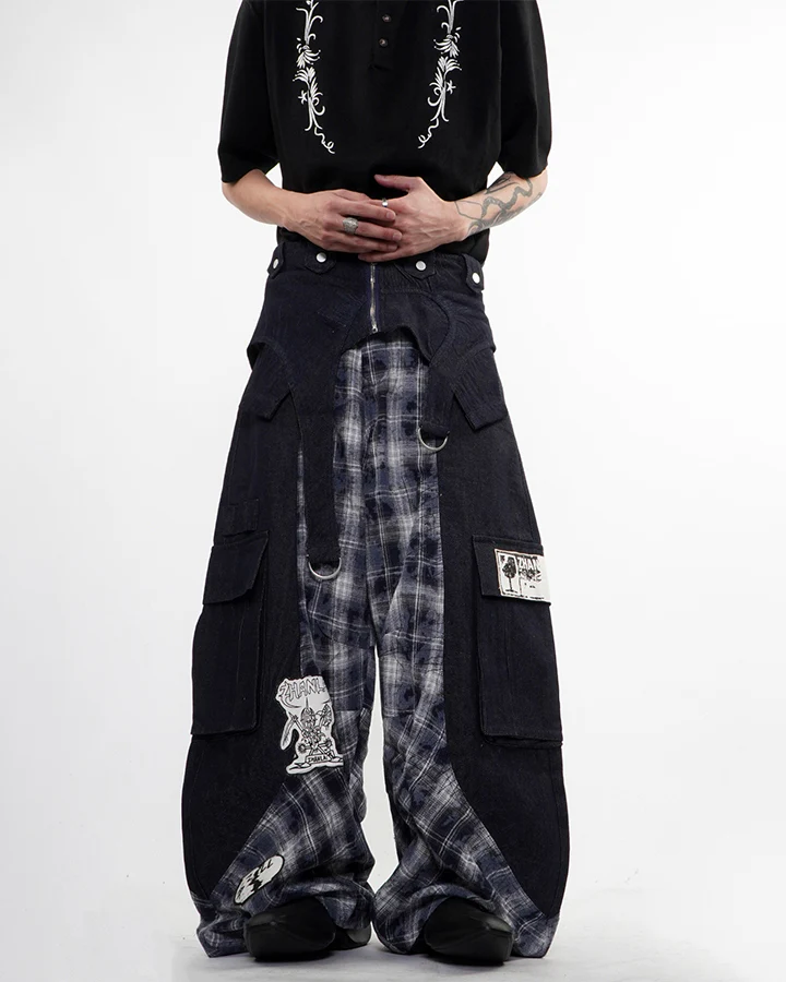 New Layered Plaid Cargo Wide-Leg Pants - Image 13