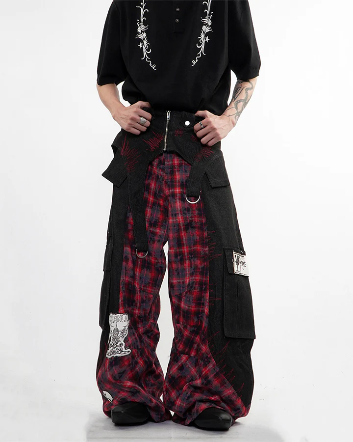 New Layered Plaid Cargo Wide-Leg Pants - Image 14