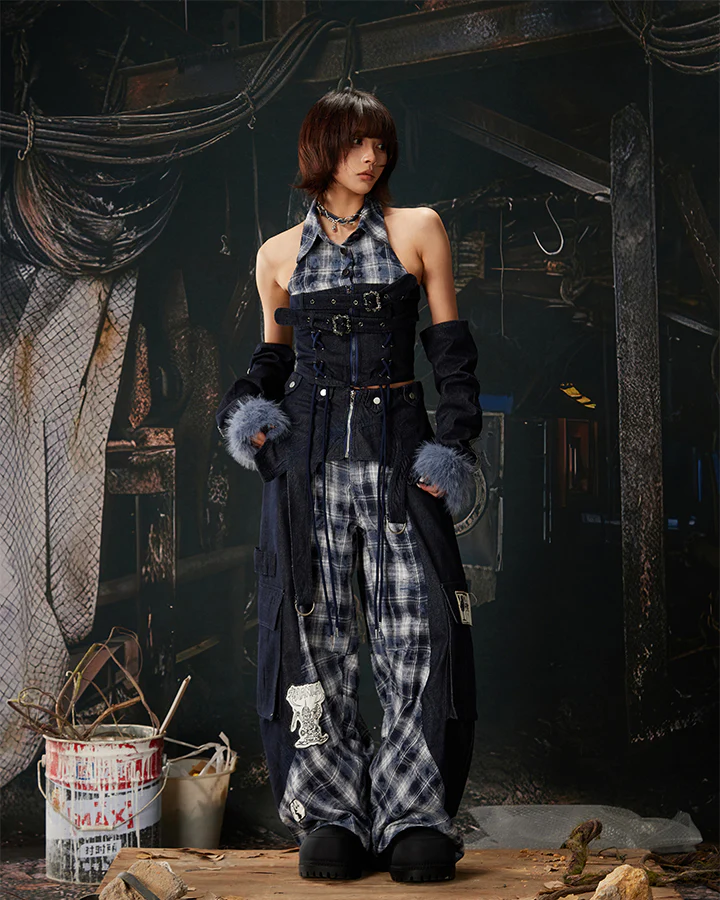 New Layered Plaid Cargo Wide-Leg Pants - Image 16