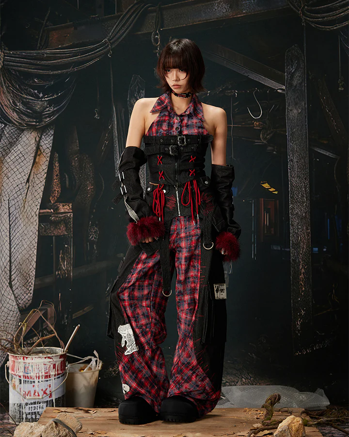 New Layered Plaid Cargo Wide-Leg Pants - Image 17