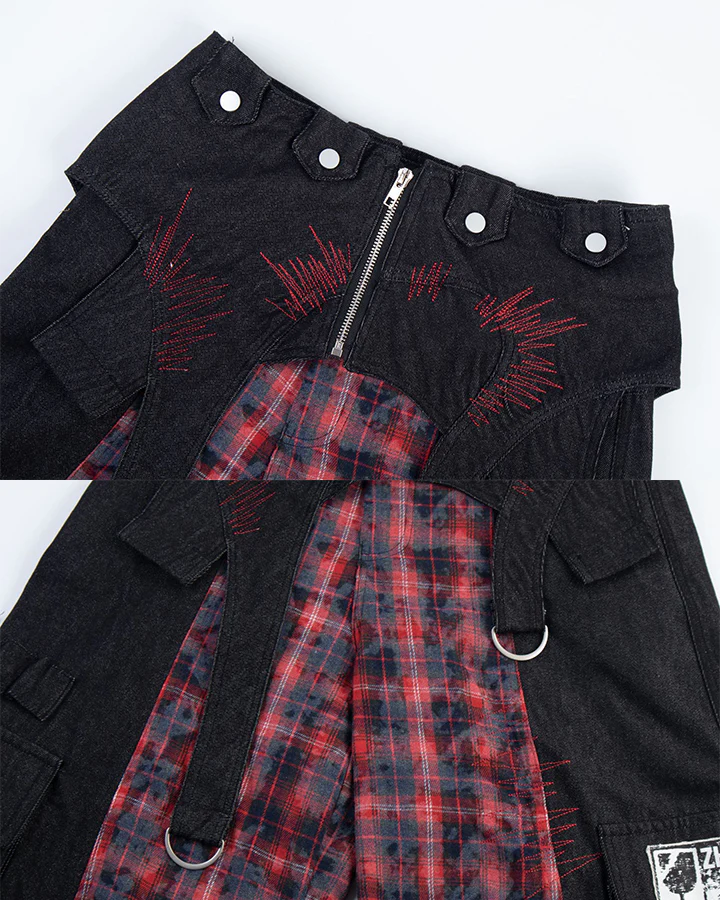 New Layered Plaid Cargo Wide-Leg Pants - Image 18