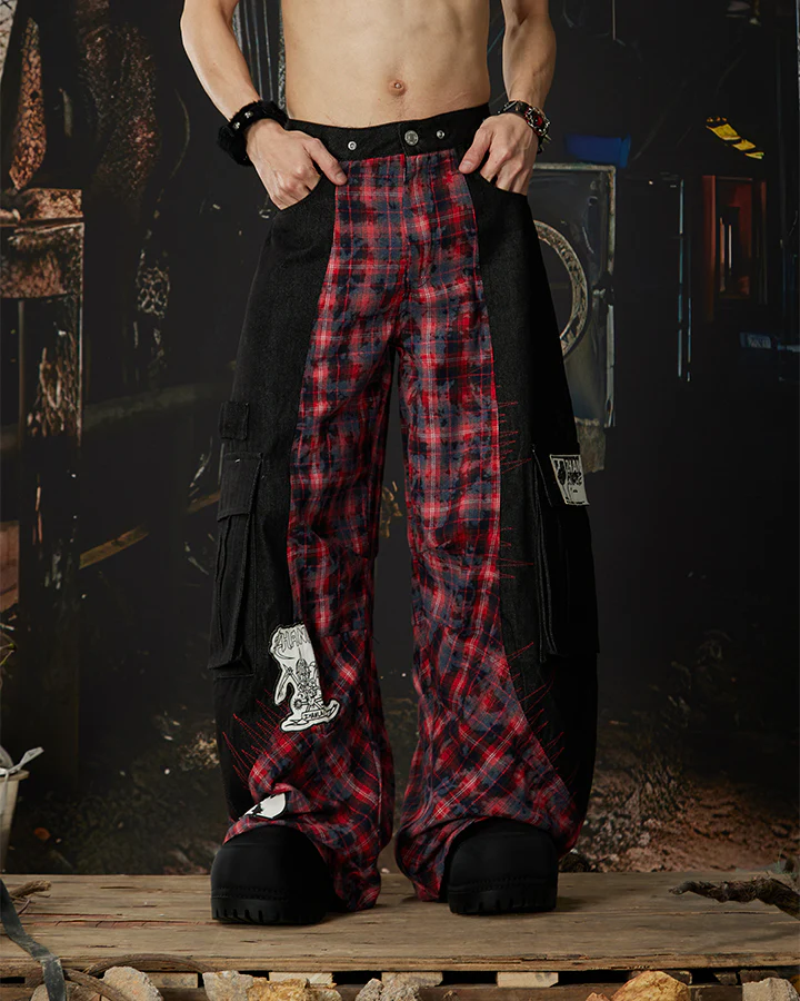 New Layered Plaid Cargo Wide-Leg Pants - Image 2