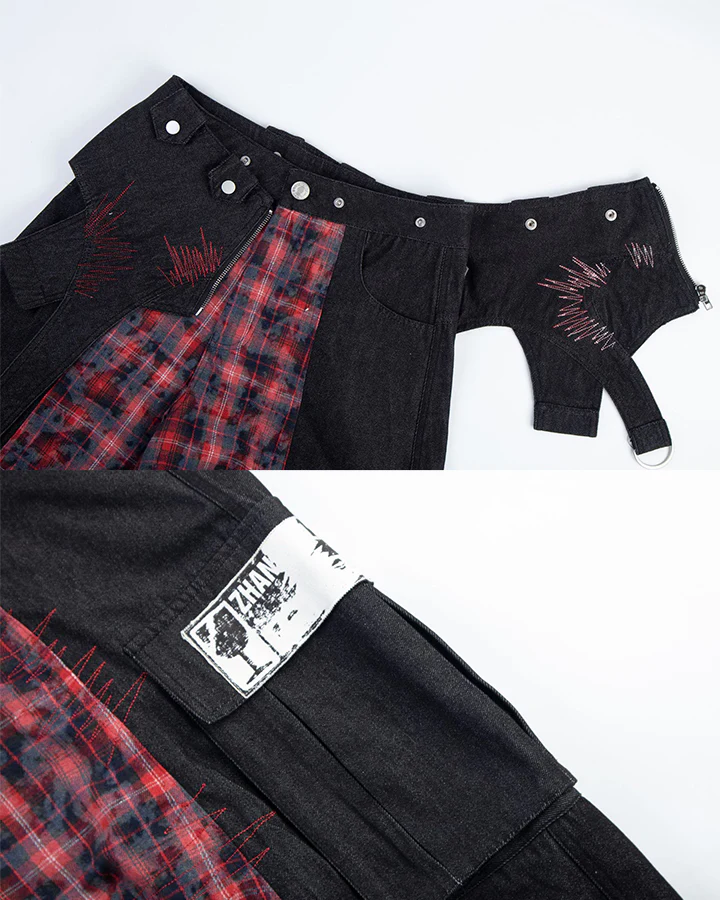 New Layered Plaid Cargo Wide-Leg Pants - Image 20