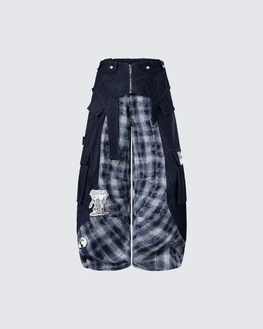 New Layered Plaid Cargo Wide-Leg Pants - Image 3