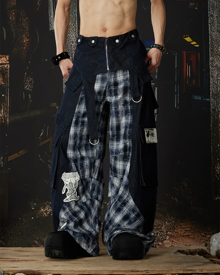 New Layered Plaid Cargo Wide-Leg Pants - Image 4