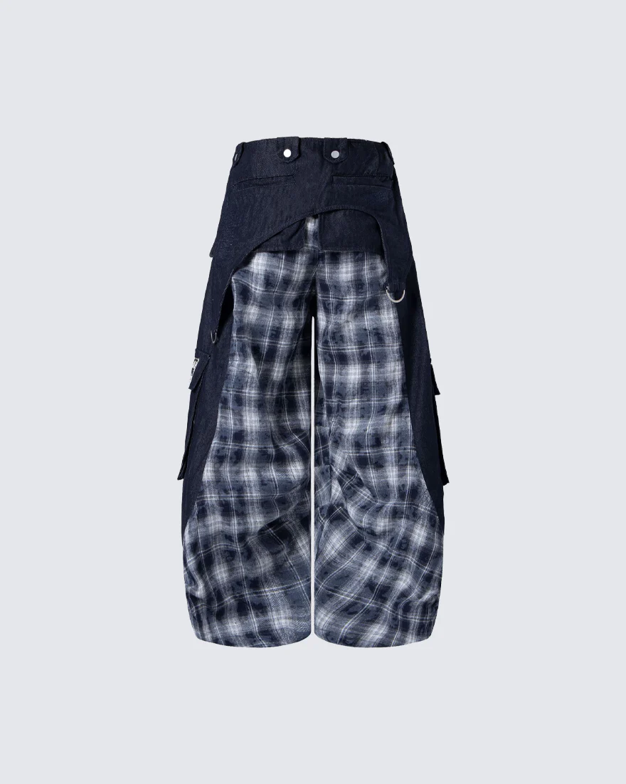 New Layered Plaid Cargo Wide-Leg Pants - Image 5