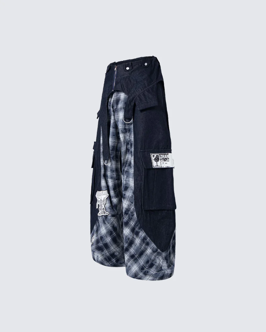 New Layered Plaid Cargo Wide-Leg Pants - Image 7