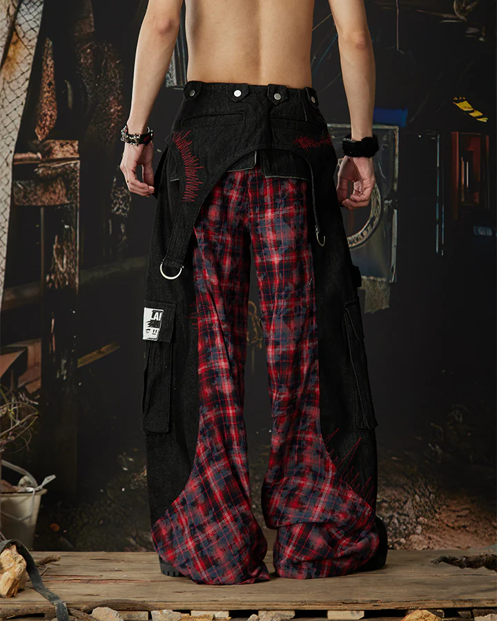 New Layered Plaid Cargo Wide-Leg Pants - Image 8