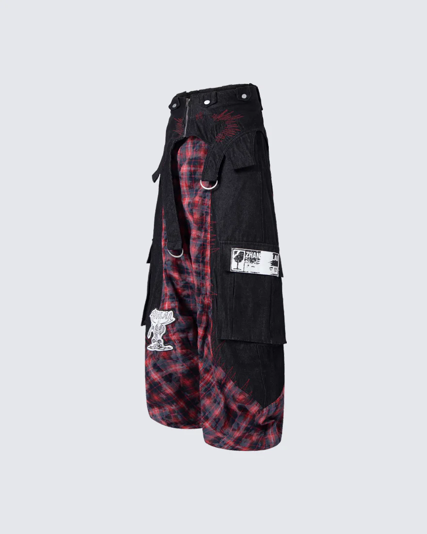 New Layered Plaid Cargo Wide-Leg Pants - Image 9