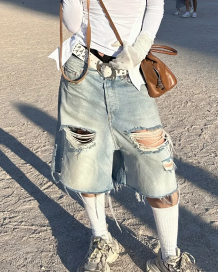 New Light Washed Distressed Denim Shorts - Image 3