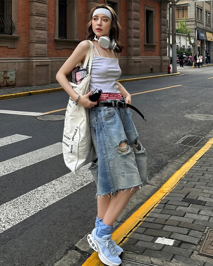 New Light Washed Distressed Denim Shorts - Image 5