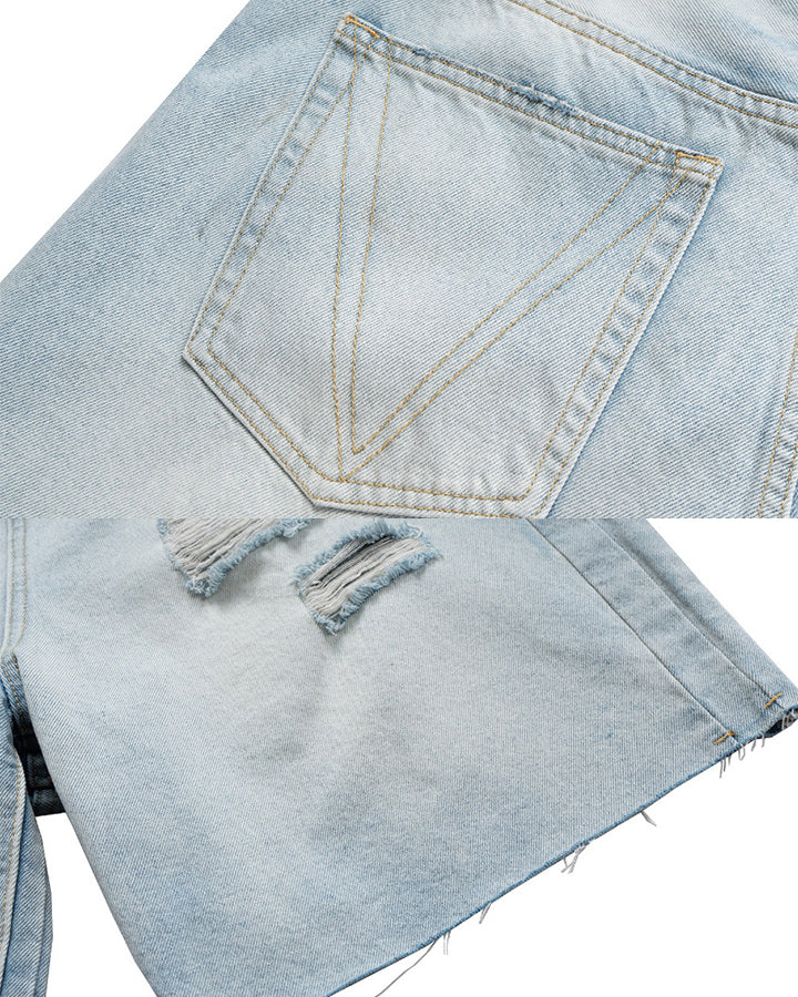 New Light Washed Distressed Denim Shorts - Image 8